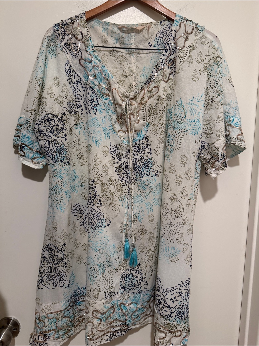 Light Blue Paisley Lace-Up V-Neck Tunic Top
